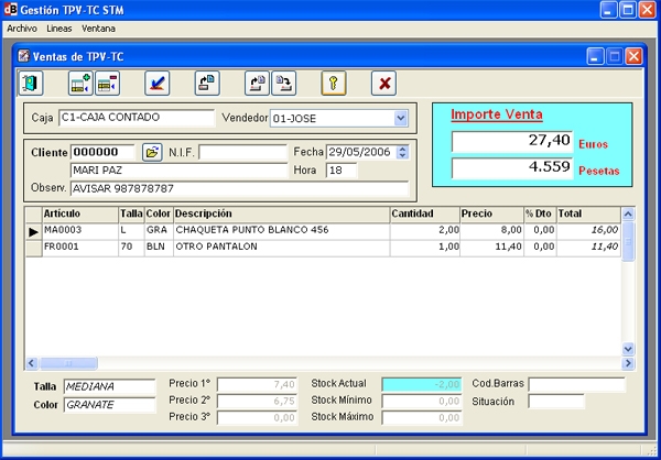 Gestión TPV tallas y colores